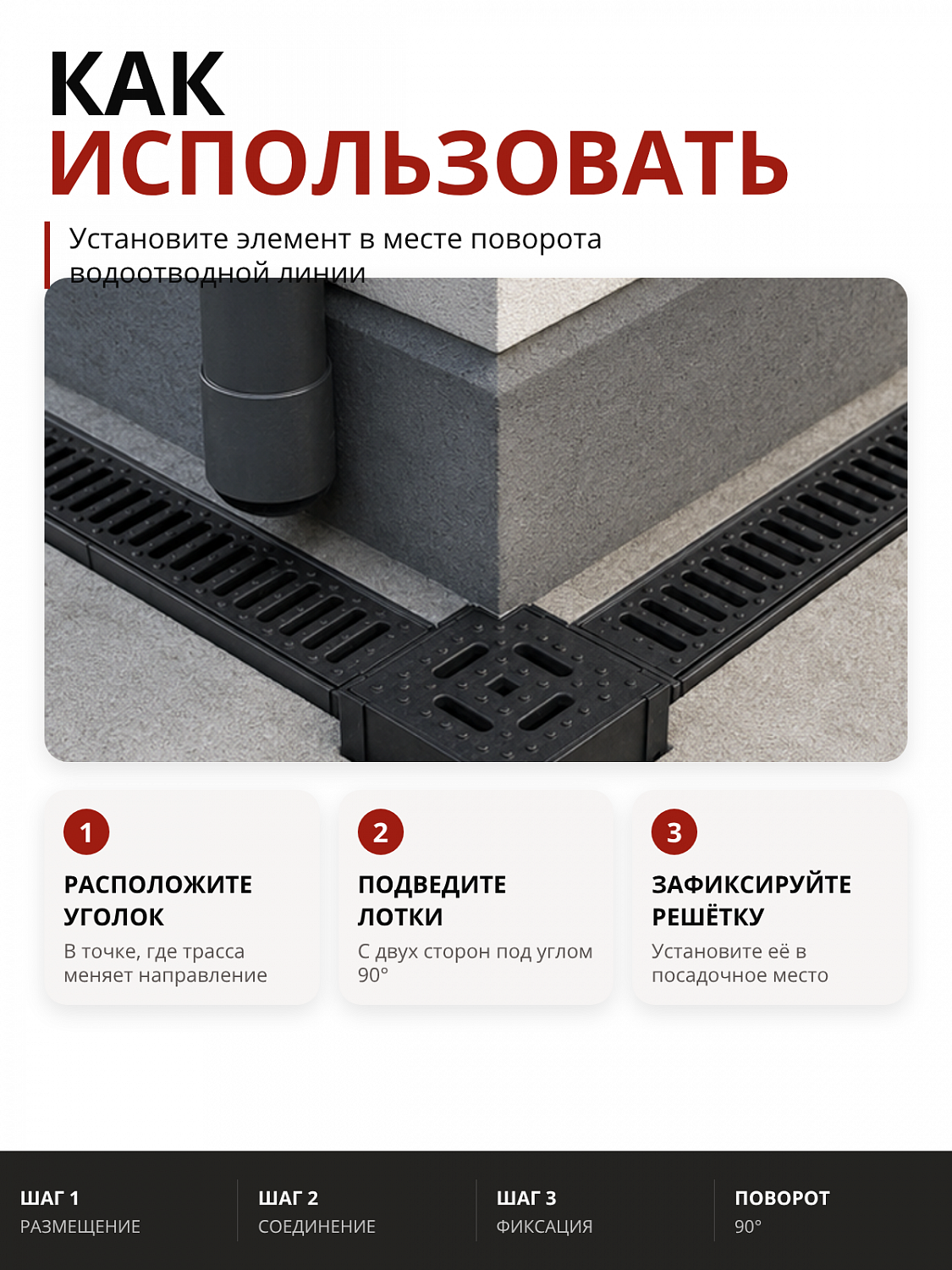 Угловой элемент для лотка водостока серии TOP с пластиковой крышкой